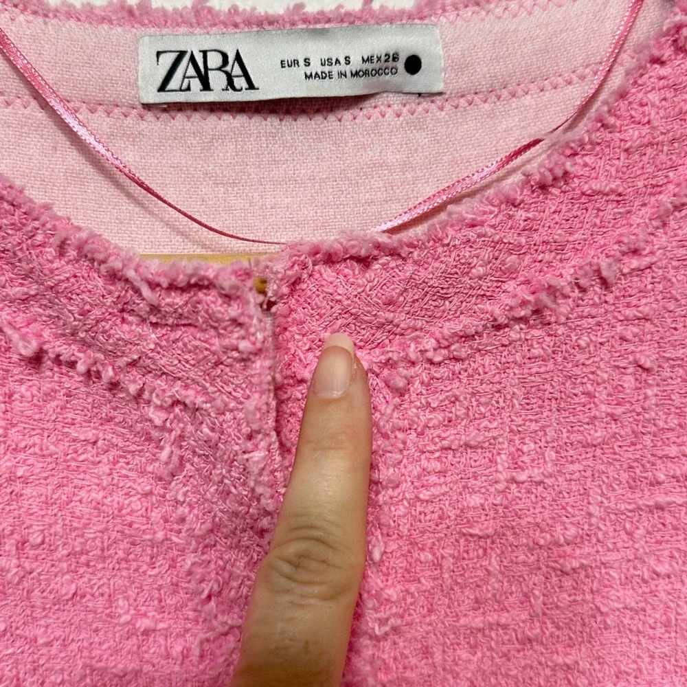 Zara Tweed Mini Dress Womens Small Pink Short Sleeve Blogger Fave Preppy *Flaw - Picture 10 of 15